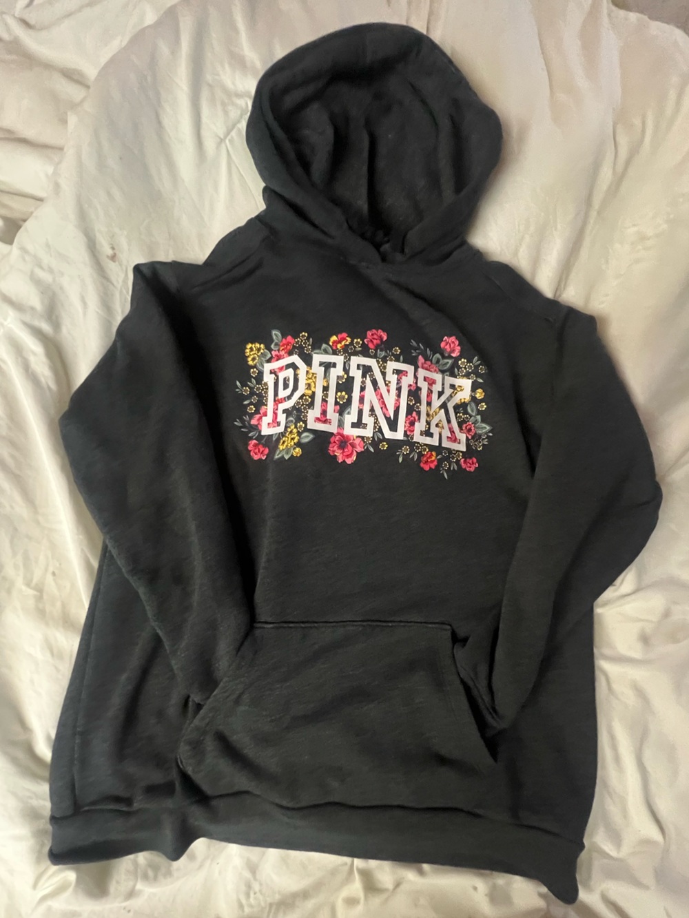 PINK Grey Hoodie with Floral Logo